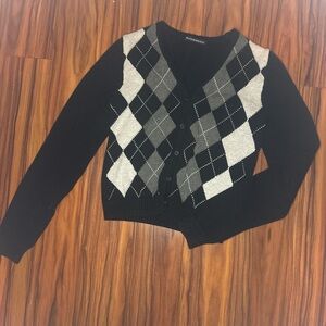 Brandy Melville Black and Gray Argyle Cardigan Sweater